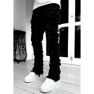 Men Trousers Individual Patched Pants Long Tight Fit Stacked Jeans for Mens Clothing