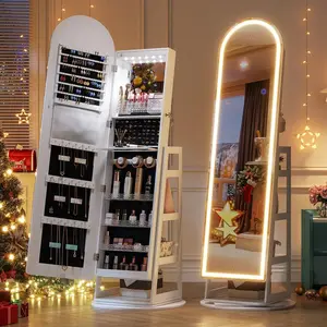LED  Jewelry Cabinet Standing, Lockable Jewelry Armoire  Arched Full-Length  And Adjustable LED Lights, Space-Saving Jewelry Organizer   with mirror