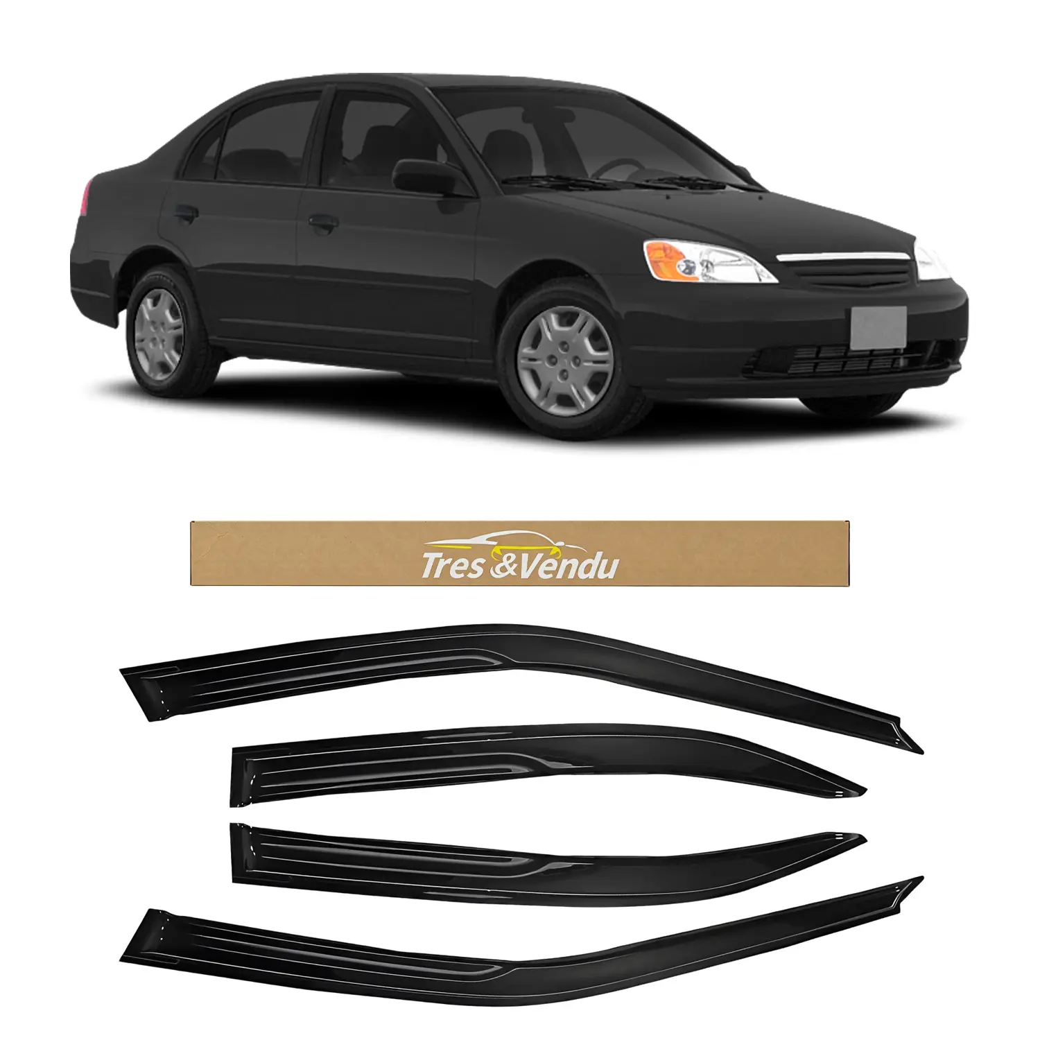 Tresvendu-For Honda Civic 4 Door Sedan 2001-2005，4X Out-Channel Window Visors,with Water Channels，Tape-on,Smoke# Rain guard# Rainproof#Sun Shade#UV Protection# Easy-Install # Vent Shades# Car Windshield# Car Weather Shields# Wind Deflector