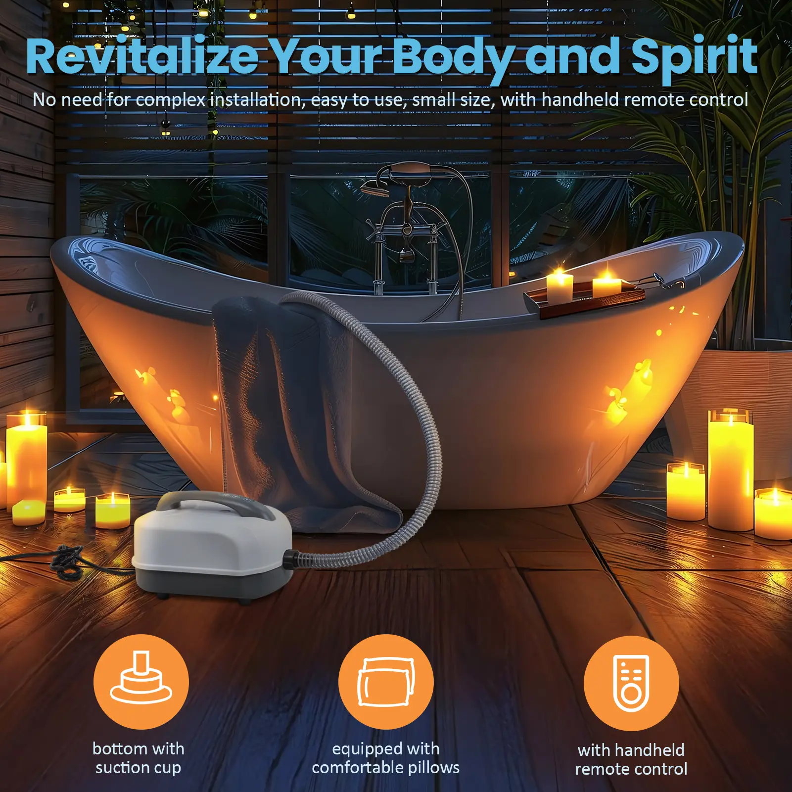 Home EVA Non-Slip Ergonomic Portable Spa Bubble Bath Mat - 1 Mat, 1 Neck Pillow, Button Battery-Powered Electric Pump, Adjustable Settings, Remote, US Plug, Back Relaxation, Most Bathtubs Compatible Bathroom Fixture