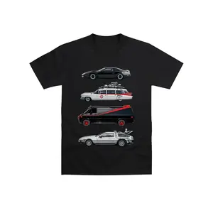 Men's Retro 80s Movie Car Graphic T-Shirt - Back to the Future Delorean, Ghostbusters, Spy & Knight Design, Black with Red Accents, Soft Stretch Fabric, All-Year Comfort Fit, Nostalgic Fan Apparel for Casual Cosplay & Parties