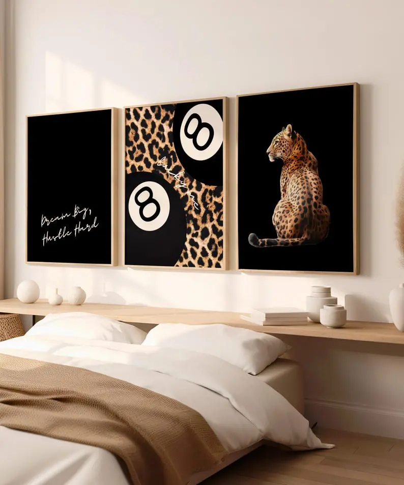 Black Leopard Wall Art Prints Set of 3 Leopard Cheetah Print 8 Ball Lucky Trendy Animal Print Poster Trendy Y2K Home Decor