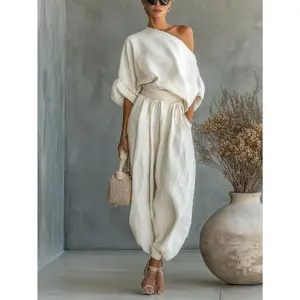 2-piece set: off-shoulder loose top and jogger pants | Women’s casual minimalist style, high-end laid-back and chic vibe, suitable for city vacations, relaxed business leisure, and other occasions GARMENTARY