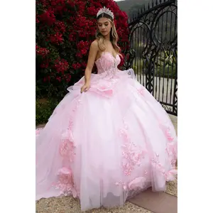 Strapless Quinceañera Ball Gown with Corset Back Butterfly Appliqué by Elizabeth K GL3549