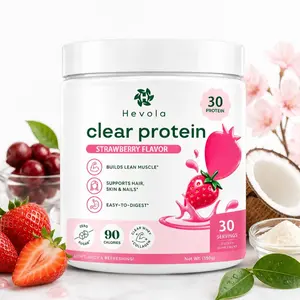 Whey protein isolate, containing collagen peptides and digestive enzymes, 20 grams of protein, sugar-free post-workout drink powder, 90 calories, strawberry peach flavor.