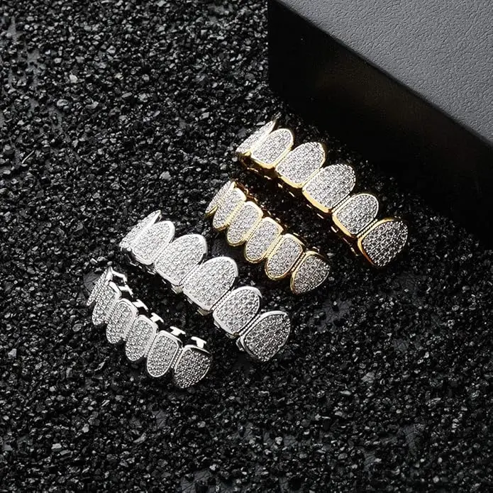 Buburbo Hip Hop Grillz, 2-Piece Top and Bottom Cubic Zirconia Tooth Caps Set, Adjustable Punk Jewelry for Rappers & Cosplayers, Cubz