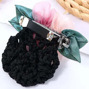 Net Bow Cover with Silk Flower Hair Clips Lace Accessories Crochet Net for Elegant Hairstyles and Stylish Outfits