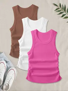 Women's Casual Breathable Sleeveless Round Neck Solid Knit Tank Top Set, Comfortable Elastic Side Straps, Fitted All Season Underwear, Pack of 3