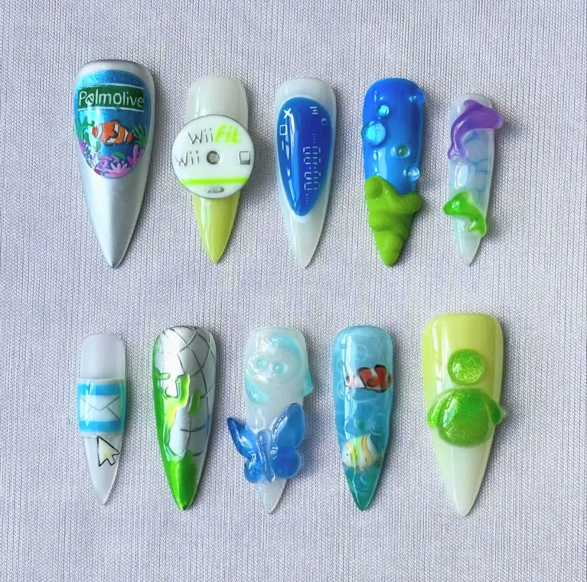 Frutiger Aero Press On Nails Handmade Y2K Cyber Nature 3D Dolphin Butterfly Glossy Reusable False Nails | FREE Adhesive Tabs FREE Nail File FREE Cuticle Stick