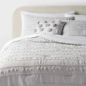 8pc Queen Clipped Stripe Poms Comforter and Sheet Set Gray - Threshold