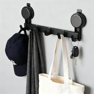 5-Hook Black Suction Cup Wall Hanger, Space Aluminum Bathroom Organizing Accessories, Renters Friendly No-Drill Damage-Free Reusable Adjustable Heavy-Duty, Waterproof Rustproof for Entryway, Glass Surfaces Matte