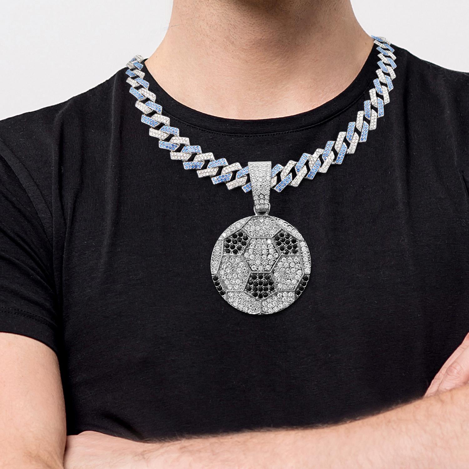 Sliver Gold Football Pandent with Rhombus Cuban Link Chain Hip Hop Rapper Pendant Chain and Football Pendant Wide Chain Miami Diamond Pendant Necklace Jewelry Gifts for Men Women Football Sports Lovers