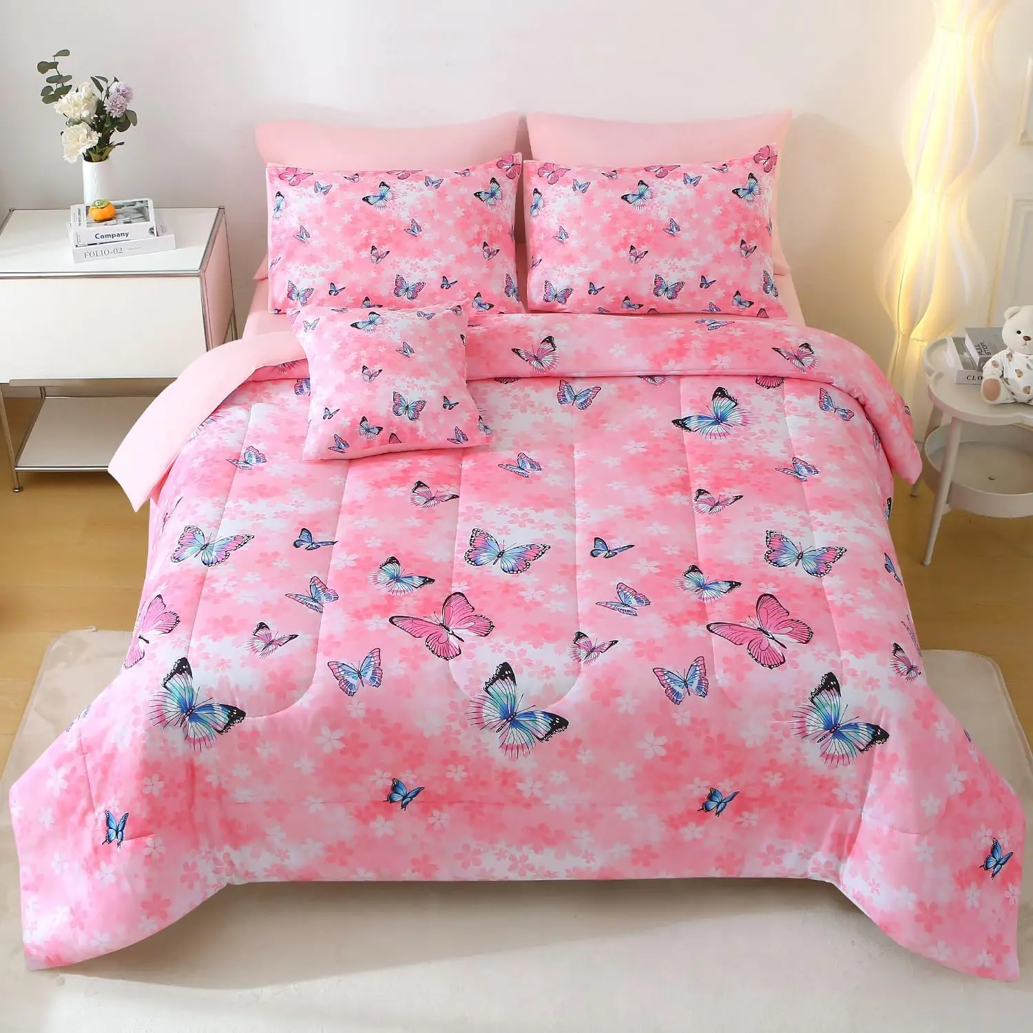 8 count Butterfly Comforter Set , 3D Pink Flower Printed Bedding Set for Girls Women, All Season Microfiber Butterfly Theme Home Decor Bedding with Sheet Sets