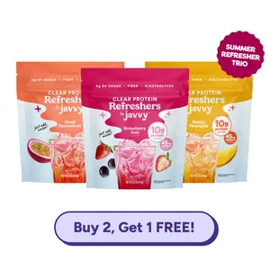Javvy Summer Refresher Trio TikTok Exclusive Bundle - Strawberry Acai, Mango Pineapple & Peach Passionfruit Clear Protein Refreshers - 10g Protein, 45mg Caffeine, 0g Sugar, Fiber & Electrolytes, Naturally Flavored, Just Add Water