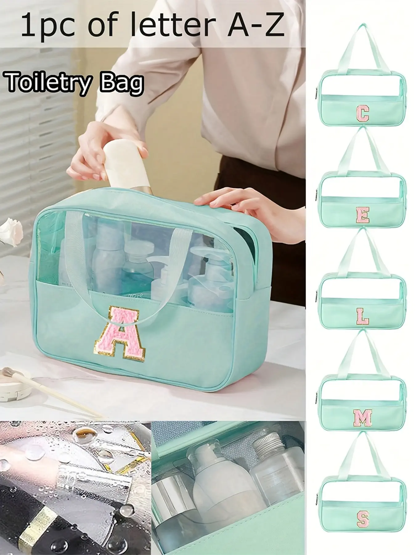 Green PU & PVC Leather Makeup Bag, Women's Handbag with Embroidered A-Z Alphabet Print, Student Back-to-School Toiletry Bag, Dorm Cosmetic Organizer & Beach Bag, Travel Essentials, Cosmetics Bag, Travel Beauty Bag, Makeup Pouch, Cosmetic Travel Bags