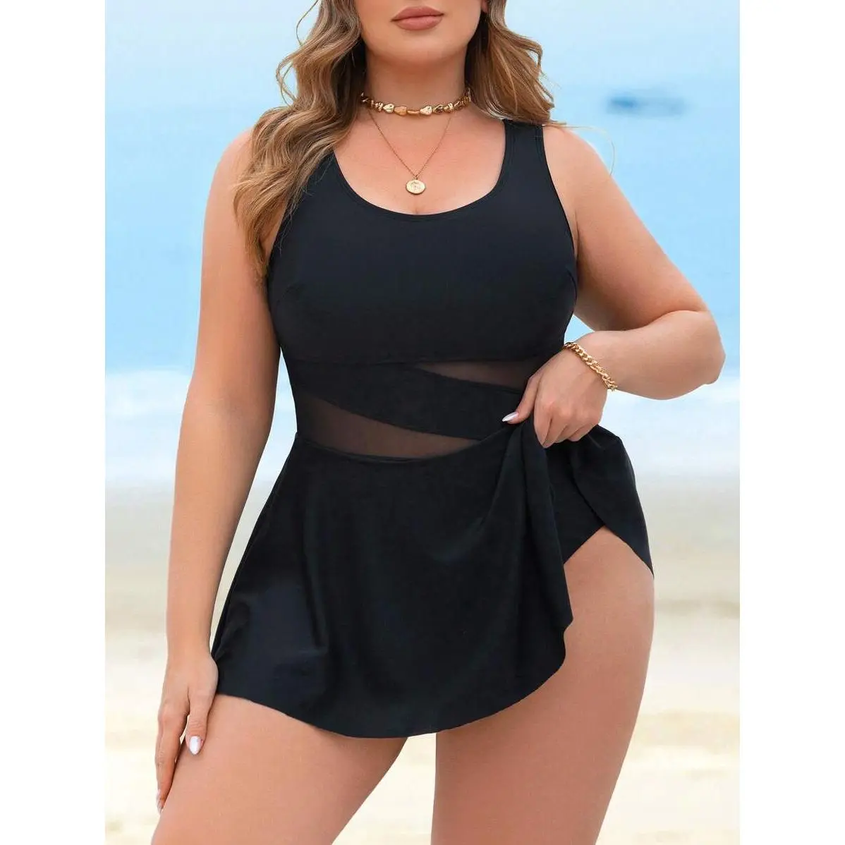 Women's Sculpting Swimdress, Bohemian Color Block 1-Piece with Mesh Panels and Detachable Padding, Mini Beach Wear, Sculpting Swimsuit, Swimsuit For Beach, Swimdress Swimming, Polyester Blend, Medium Stretch, Elastane