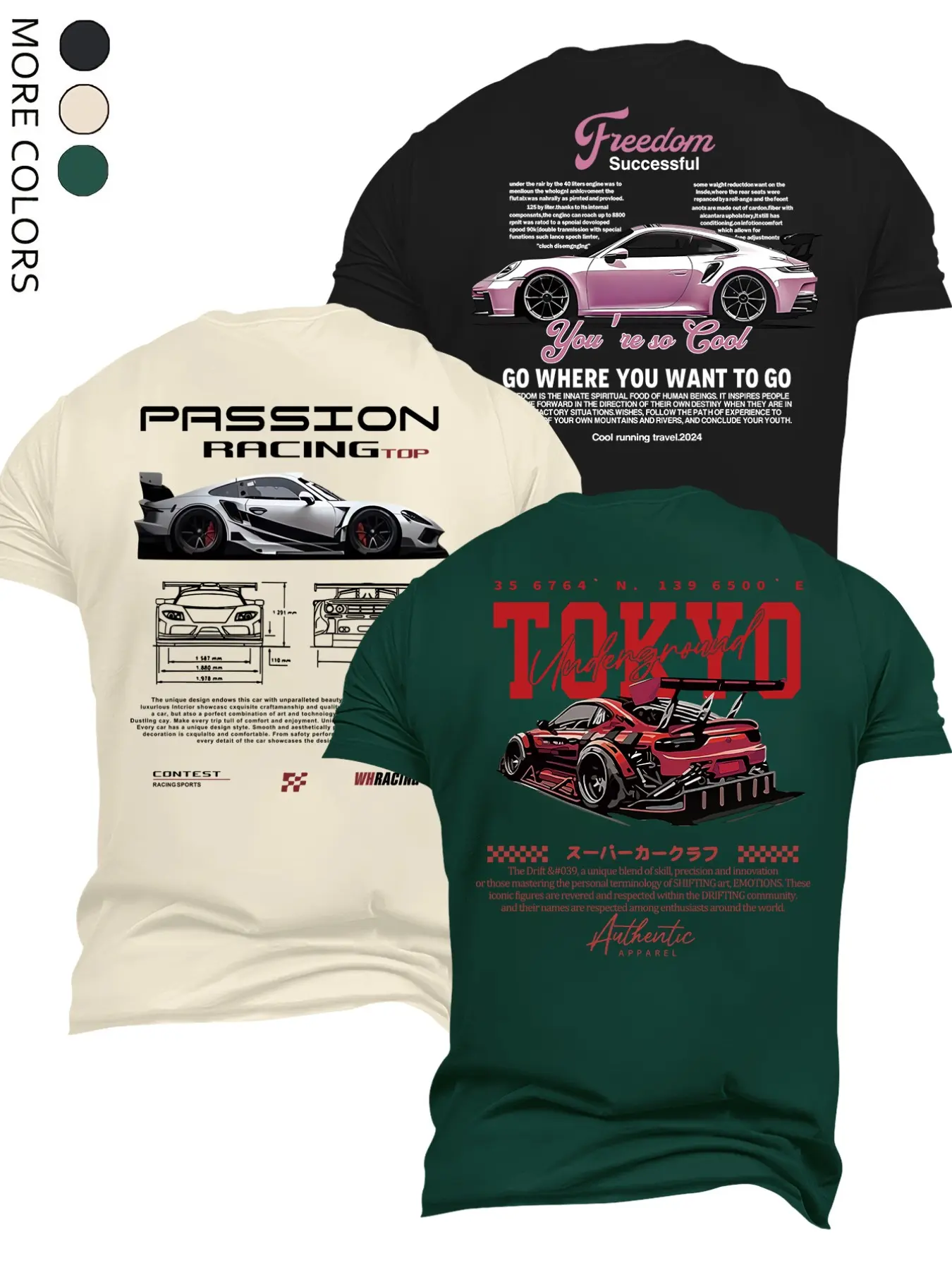 Men's Crewneck T-Shirt, Plain, Slim Fit, Casual, 3 Styles JDM Racing Car Print, Car Guy Streetwear Menswear Tops Tee for Men