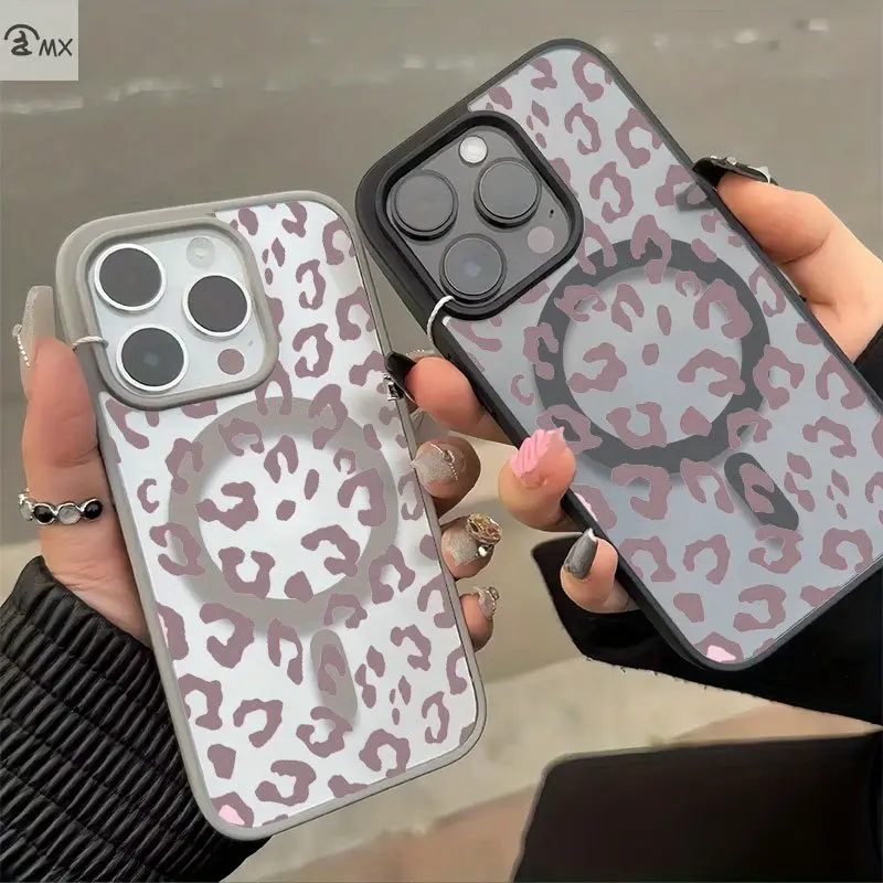 Leopard Print Macaron Magnetic Plastic Smartphone Case - Acrylic Back, Soft TPU Frame, Built-in Magnetic Ring, Bare-Metal Feel, Premium Look, Protective Casing Cover, Compatible with iPhone 12-17 ProMax, iPhone16plus, S22-S25, Giftable Accessories, Cellph