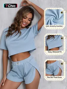 Women's Solid Ribbed Crop Tee & Shorts Pajama Two-piece Set, Casual Comfy Short Sleeve T-shirt & Shorts Pajama Set, Ladies Summer Sleepwear, Soft Lounge Sets
