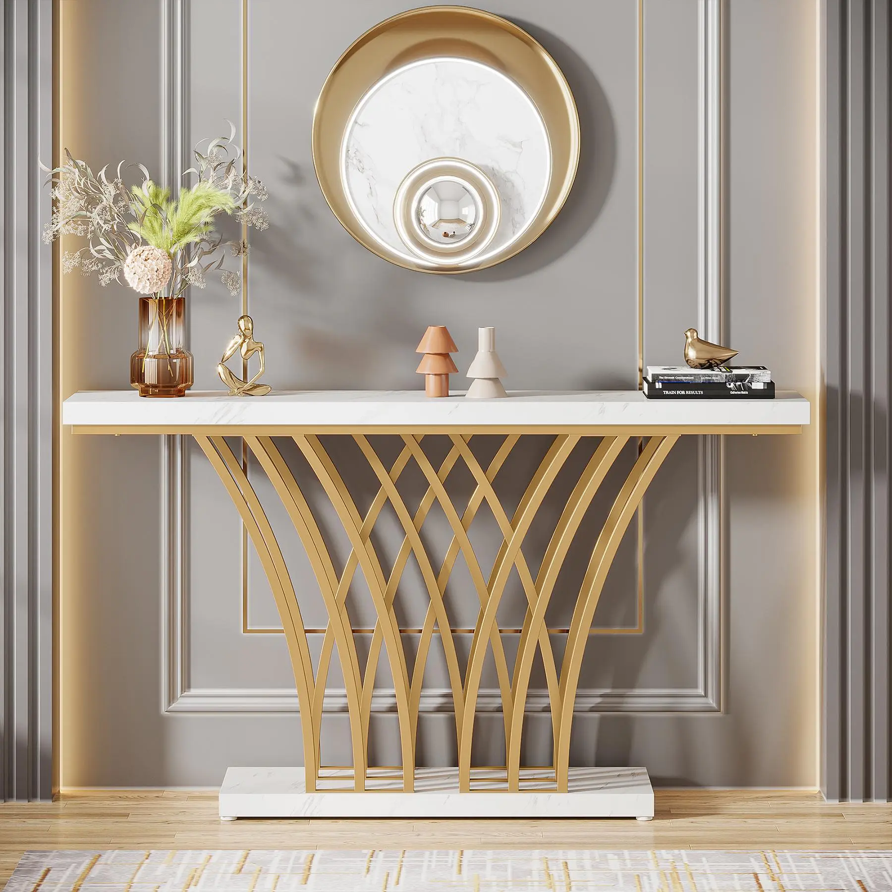 TRIBEWOOD 59-in Gold Console Table, Modern Entryway Table with Grid-Shaped Metal Base for Entrance, Hallway, Living Room, Console Table Entryway
