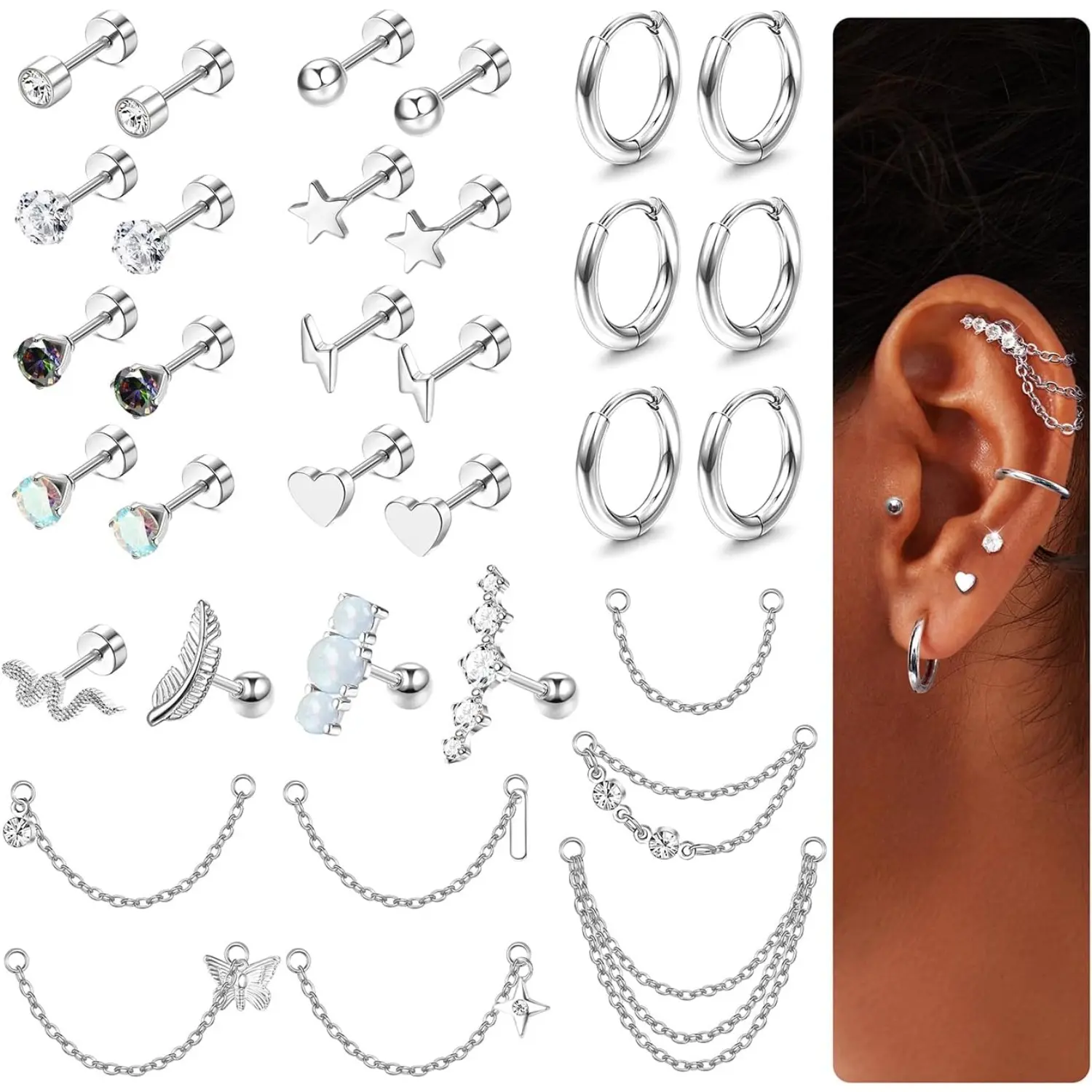 MILACOLATO 20G Surgical Steel Hypoallergenic Body Art Piercing Kit (33Pcs) - Flat Back Studs, Hoops, Dangles with Artificial Zircon, Opal, Ball Chain, DIY Chains for Conch Piercing, Earrings for Sensitive Ears, Party Wear, Conch Piercing Jewelry