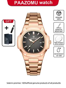 Luxury Paazomu Men's Quartz Watch, Stainless Steel Waterproof Night Glow Date Display, Business Square Men's Clock, Elegant Timepiece, Stainless Steel Watches