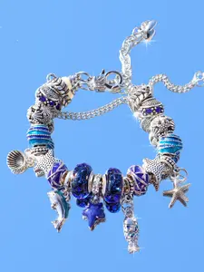 Boho Sea Star Charm Bracelet, Bohemian Bracelets, Blue Shell Dolphin Vacation Bracelet, Dreamy Travel Souvenir, Ocean Style Jewelry for Women