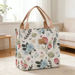 Retro floral canvas handbag shoulder bag - eco-friendly reusable thick printed shopping bag, Bohemian summer travel bag, used for lunch, grocery store, book library