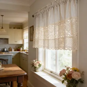 Boho Crochet Lace Sheer Valances for Window Kitchen Vintage Macrame Valances with Tassels for Dining Room Living Room Farmhouse Rustic Crochet Curtain Valance Rod Pocket 1 Panel