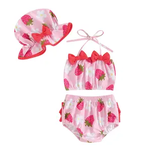 Toddler Baby Girl Three Piece Bathing Suit Swimsuit Summer Bikini Top Trunks Shorts with Sun Hat Swimwear