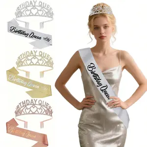 2pcs Crystal Queen Birthday Crown, Birthday Tiara, Soft Sparkling Ribbon Birthday Decoration Set – perfect birthday gift for wife, best friend, daughter, mother; ideal for birthday decorations, photo props, outfits