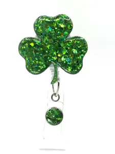 Shamrock Badge Reel, St Patrick’s Day, Retractable Swivel Alligator Clip