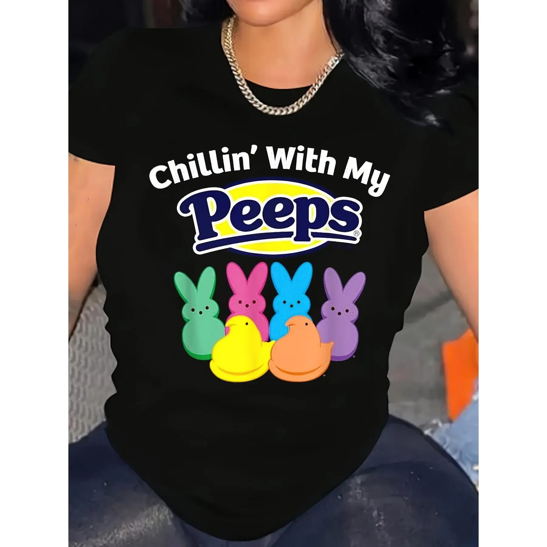Women's Black 180g Cotton Graphic Tee Chillin' With My Peeps Colorful Print Round Neck Short Sleeve Casual T-Shirt Trendy Soft Comfy Spring Fashion Outfit Ladies' Relaxed Fit Top Ideal for Everyday Wear