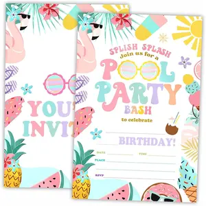 AWSICE Pool Party Birthday Invitations, 20 Invite Cards with Envelopes, Summer Style Double-Sided Fill-In Invite Cards For Birthday Party，Boys, Girls, Kids, Teen-D03