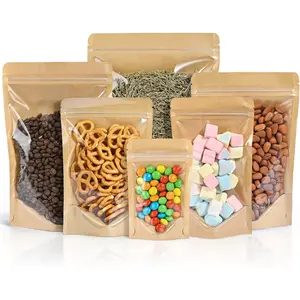 Resealable Stand Up Pouches with Zipper 100 count, 4.7" x 7.9", Paper Bags, With Window, Clear Fornt Pouches,  Storage, Brown