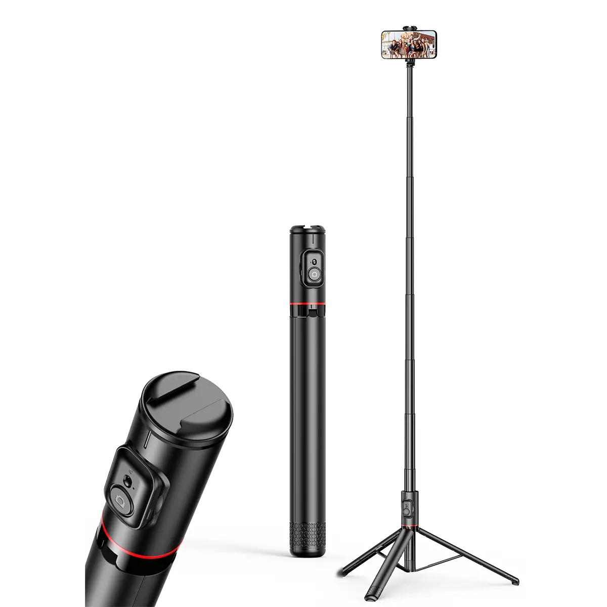 72-Inch Tripod Selfie Stick with Cold Shoe Mount and Integrated Phone Holder, Portable Compact Selfie Stand with Remote Control, Compatible with Apple and Samsung Phones, Portable Selfie Accessory
