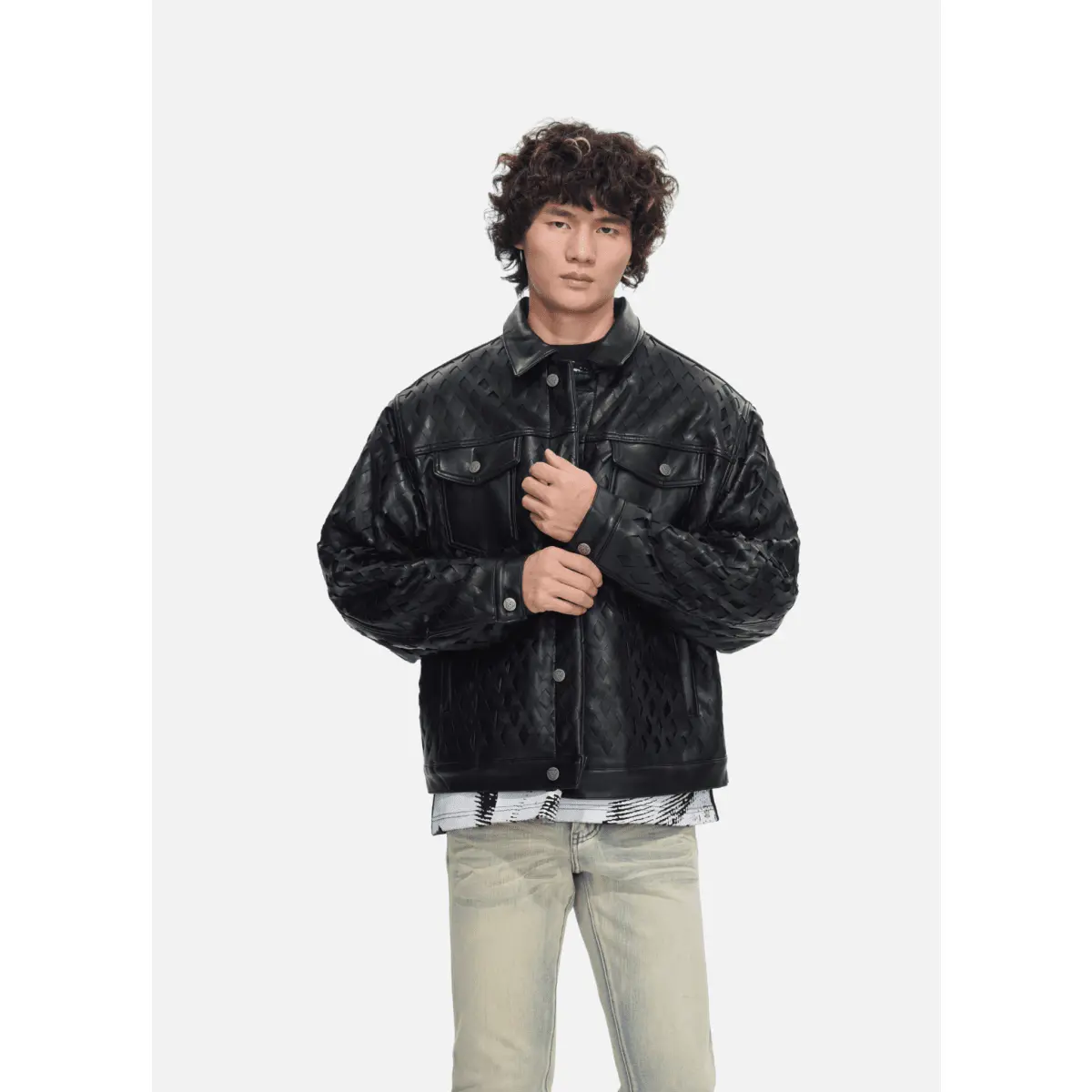 Men's Boxy Fit Woven Jacket - Striped Streetwear Style with Pearl & Stud Embellishments - Full Zip & Layer-Friendly, Graphic, Woven Blend, Casual, Clothes, Woven Fabric, Outerwear, Pearl Studs, Boxy Silhouette, Dry Clean, Stripes, Pearl Accents