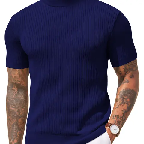 COOFANDY B Men's Mock Turtleneck Sweater Short Sleeve Casual Basic Tops Ribbed Knit Pullover Solid Tee,clothes for back to school,first day of school outfits