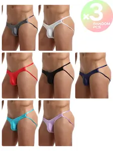 2/3/4 Packs Random Color Men's Solid Thong Underwear, Hip Lifting Fashion Style, Narrow Edge Elastic Low Waist, Hollow Double Strap Back, Breathable U-convex Soft Comfort Trendy Briefs, Soft Comfy Brief