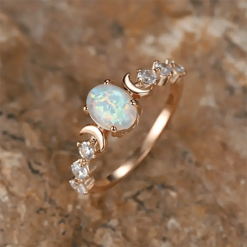 Female Rose Gold-Copper Base Ring - White Synthetic Opal, Moon Motif, Sizes 6-11, Daily Wear, Everyday Accessory, April Engagement Costume Jewelry