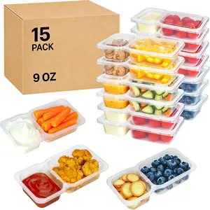 9oz Double Compartment Snack Containers, 15 Pack Bigger Reusable Clear Snack Packs with Lids, Durable & Leak-Proof Design, Stackable Storage Containers, Food Storage, Preserving Containers, Stackable Plastic Container