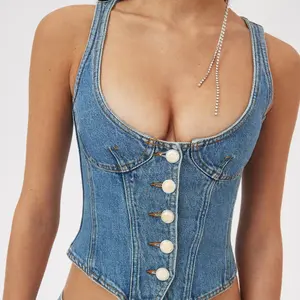 Women's Slim-Fitting Denim Tank Top - Casual Summer Front Button Basic Vest - Solid Color Fashion Style Sleeveless Shirt for Streetwear Womenswear Aesthetic Clothes