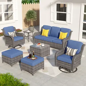 7-Piece Outdoor Wicker Patio Furniture Set, All-Weather Rattan Conversation 3 Seat Sofa & 2Swivel Chairs Set,2 Ottoman and Coffee Table Set for Backyard, Balcony and Deck with Soft Cushions and Glass Table