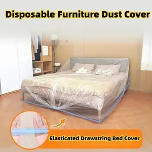 Disposable Elastic Dustproof Bed Cover Extra Large Plastic Furniture Protector Cover Dust Protection Film For Renovation Fits Dorm Living Room Bedroom Patio Office Use