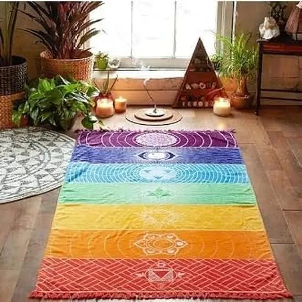 Rainbow Chakra Home Bath Mat, Hippy Boho Gypsy Style Sunscreen Shawl Compatible Mat, Mats