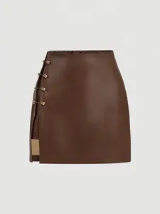 Women's Plain Faux Leather Mini Skirt, Metal Button Side Slit Design, Casual Style, Short Length, Perfect for Everyday Wear