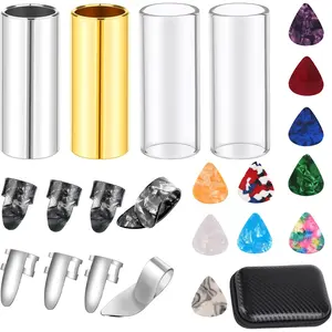 Guitar Slide, 4 count  Medium Guitar Slides(1 Stainless Steel, 1 Brass and 2 Glass), 4 count Stainless Steel and 4 count Plastic Thumb & Finger Picks, 10 count Guitar Picks All in One Box Guitar Accessories