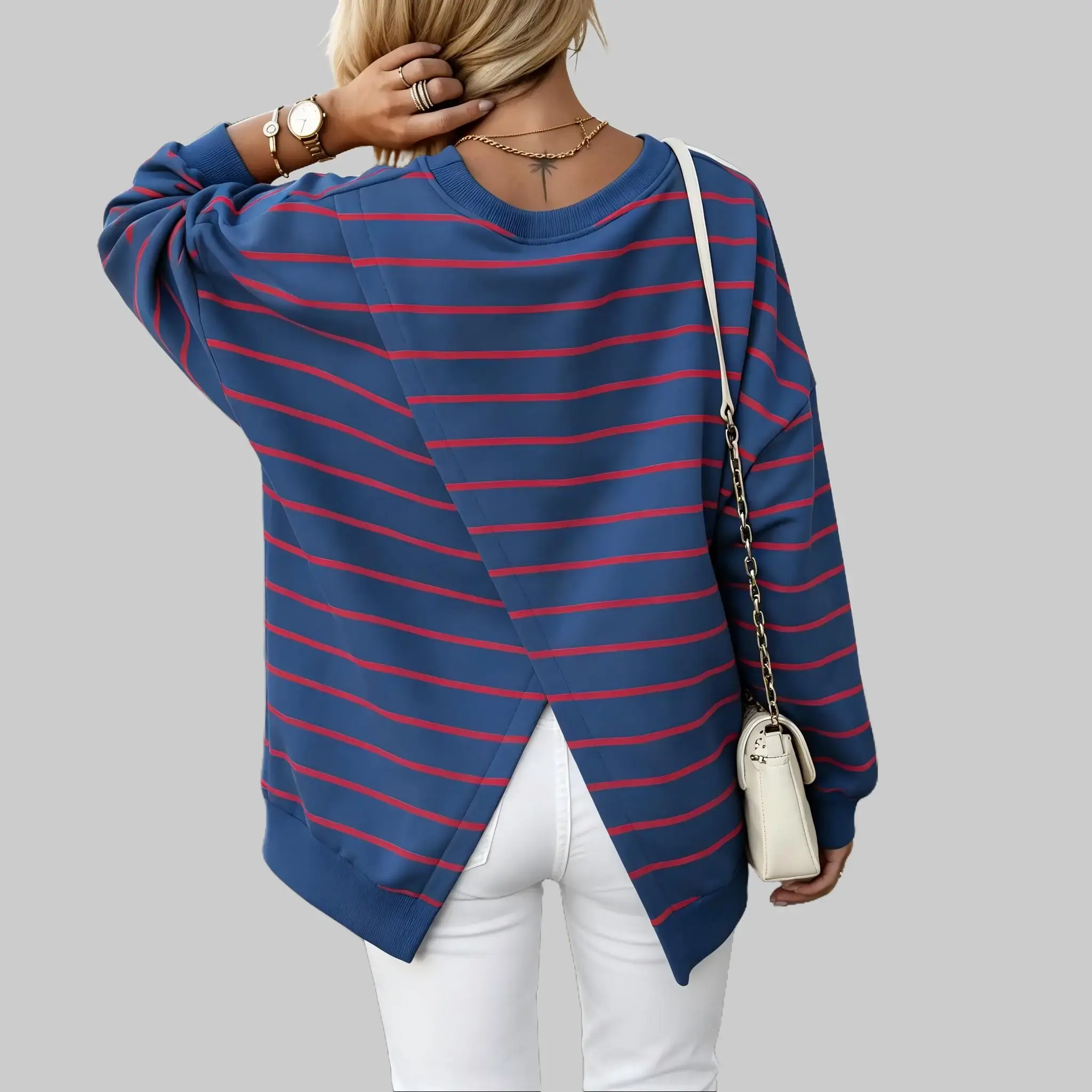 Women's Oversize Striped Overlapping Front Long-Sleeve Round Neck Loose Drop-Shoulder Polyester Pull-On XL Sweatshirt, 1-Piece Casual Autumn Lazy Outfit, Women's Tops, Western Tops, Pullover, Hoodie
