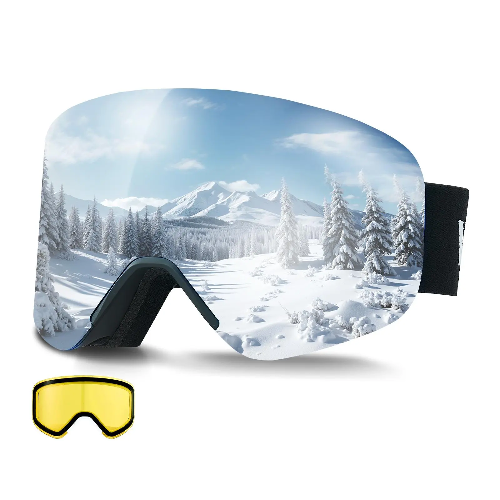 Frameless Cylindrical Ski & Snowboard Goggles for Men Women, OTG Design with Triple Foam, Dual Magnetic Lenses, Anti-Fog UV Protection, Helmet-Compatible Strap, Helmet-Compatible Adjustable Strap, Unisex, Skiing, Dual Magnets, Ski Goggles