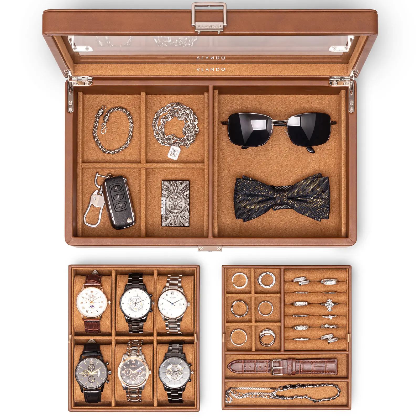 VLANDO 6-Slot Lockable Leather Wristwatch Storage Box for Men - Rectangle, Glass Lid, Adjustable Strap, Dustproof, Fine Workmanship, Locking Key, Classic Home Organizer, Dad/Husband Gift for Anniversary/Birthday, Functional Storage Boxes, Cool Gifts For G